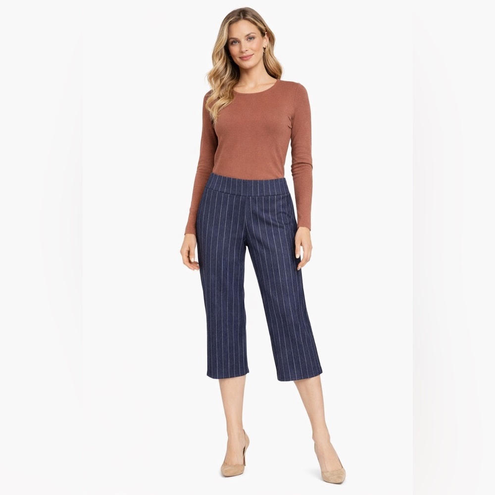 Krazy Larry Navy Pinstripe Pull On Ankle Pants Stretch Size 6 Made USA